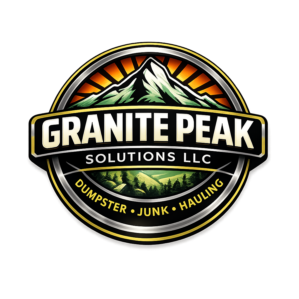 Granite Peak Solutions LLC logo featuring mountain, dumpster, junk, and hauling services emblem